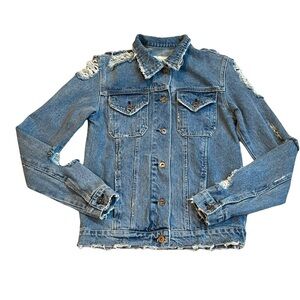 CARMAR Jean jacket distressed denim trucker 100% cotton grunge destroyed size XS